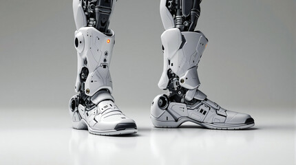 Fototapeta premium Advanced Robotic Boots Integrating Biomechanical Systems and Futuristic Engineering