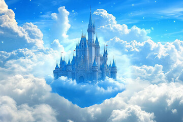 Majestic castle floating among fluffy clouds in a bright blue sky during a sunny day