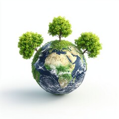 globe with green trees sprouting from it, representing ecological growth, placed on a clean white background