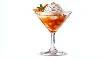 Pumpkin pie martini in a crystal glass, topped with nutmeg and whipped cream, vibrant digital painting, isolated on white background