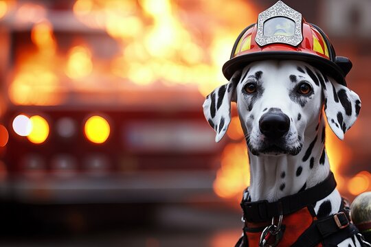 A brave Dalmatian dog in a firefighter uniform, wearing a helmet and protective gear, standing proudly in front of a fire truck.Rescue dogs.Fire station dogs.Dogs firefighters.