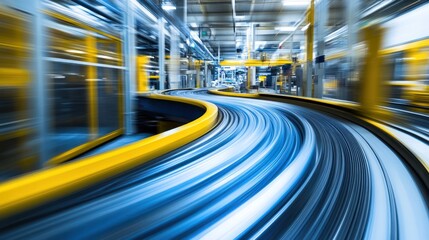 A dynamic view of a conveyor system in an industrial setting, showcasing movement and efficiency.