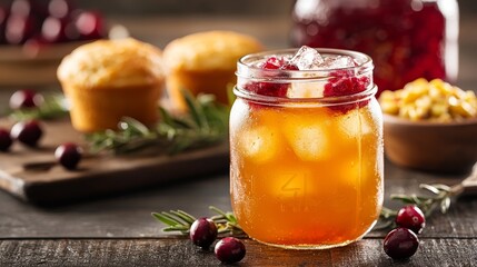Refreshing cold apple cider in a mason jar with ice cubes, served with cranberry sauce, cornbread muffins, and glazed ham, farmhouse style