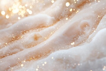 Fototapeta premium A frosted glass surface showcases soft, glowing water droplets as warm golden light filters through, evoking a serene and refreshing atmosphere ideal for spas and skincare