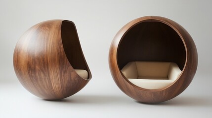 Fototapeta premium Two Unique Wooden Sphere Chairs with Cream Cushion Seats on a White Background