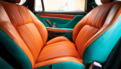 Fototapeta premium luxurious car interior with vibrant plush seats in orange and turquoise hues