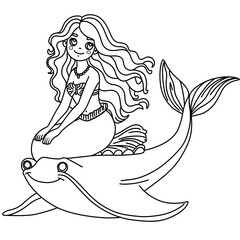 girl with a fish. Coloring book page for adult. Underwater seabed with algae and corals, line art design and fish.