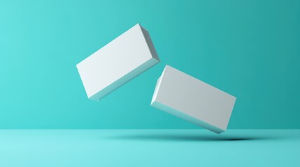 Two blank white boxes levitating against a teal background.