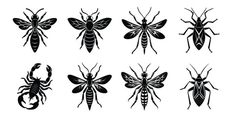Insects silhouettes set. Vector illustrations poisonous insects isolated on white background