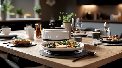 A cozy dining table set with a variety of dishes, including a main meal and side items, surrounded by elegant tableware in a warm ambiance.