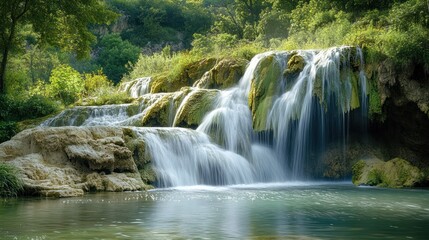 Obraz premium Serene waterfall cascading down rocks in lush forest
