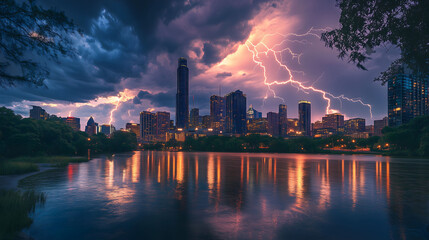 Dramatic Twilight View of a City Skyline With Lightning Striking Over the Lake. Generative AI