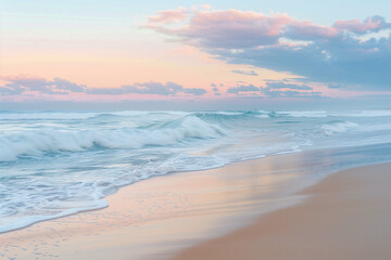 Obraz premium A beach at dawn with gentle waves lapping the shore, soft pastel colors in the sky.