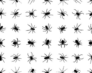 Black silhouettes of different spiders on a white background, seamless wallpaper