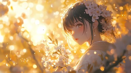 Golden Hour Serenity: Anime Girl Amidst Cherry Blossoms