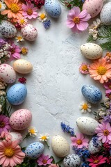 Obraz premium Minimalist Easter Egg Arrangement with Colorful Flowers in a Border Design