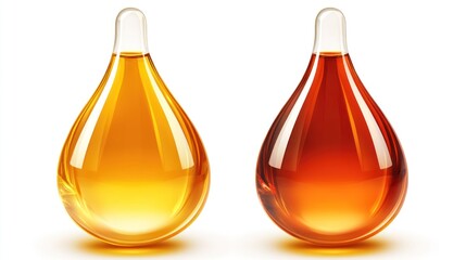 Two teardrop-shaped glass containers filled with amber and golden liquids.