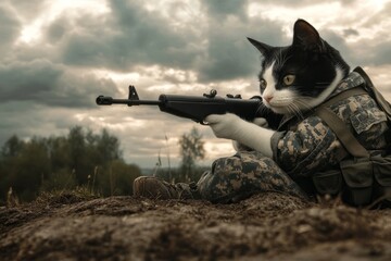 A battle-ready cat soldier, a black-and-white tuxedo cat in military fatigues, aiming a rifle from a prone position in the field, with the sounds of combat.Military cats.Cats soldier.