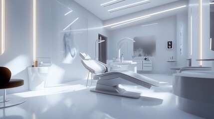 Modern minimalist dental clinic with advanced equipment and clean design aesthetic