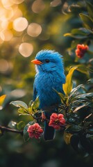Fototapeta premium HD Phone Wallpaper Vivid Blue Bird Perched on Branch Amongst Red Flowers and Lush Green Foliage