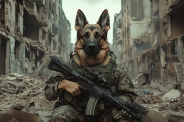 Fototapeta premium A strong German Shepherd dog in a soldiers uniform, wearing a camouflage jacket and helmet, crouched low with a rifle aimed forward.Dogs soldier.Military dogs.Army dogs.