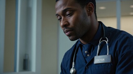 Black male general devoted to health and wellness initiatives engages in thoughtful planning within a bright, modern healthcare setting, prioritizing community well-being and patient care