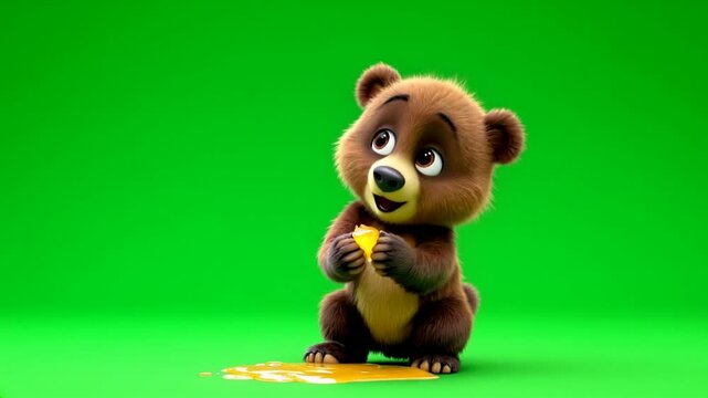 Cute bear cub eating honey, green screen, animation, studio