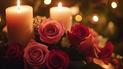 A romantic floral display with roses and candles for Valentine Day celebration