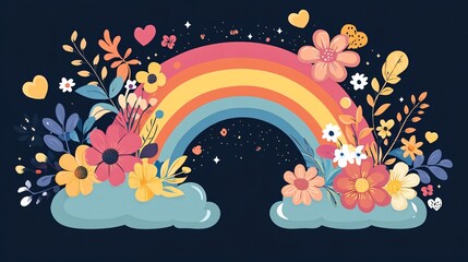 Vibrant Rainbow with Clouds and Flowers Vector Illustration for Design Projects