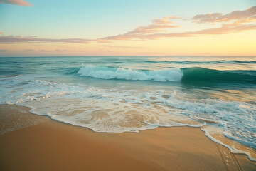 Obraz premium A beach at dawn with gentle waves lapping the shore, soft pastel colors in the sky.