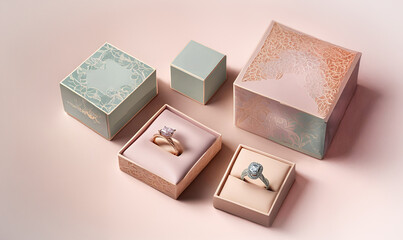Visual identity for pastel colored wedding diamond ring jewelry, packaging, graphic design