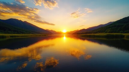Fototapeta premium A beautiful sunset over a lake with mountains in the background