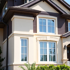 Obraz premium Luxury Home Exterior: Modern House Design with Large Windows and Beige Facade