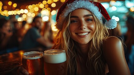 A young woman wearing a Santa hat smiles at the camera while holding two glasses of beer in a bar during a festive holiday celebration.