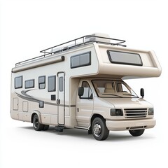 luxury motorhome with multiple slide-outs and a rooftop terrace, isolated on a clean white background