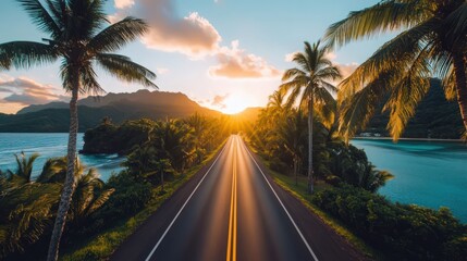 A road with palm trees on either side and a beautiful sunset in the background