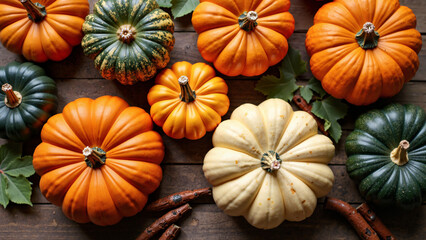 Stunning Thanksgiving Day stock photo of vibrant autumn pumpkins on a rustic wooden background, ideal for festive invitations, seasonal marketing, and home décor crafts.