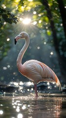 Fototapeta premium HD Phone Wallpaper Majestic Flamingo in Sunlight Water Reflections Bird in Nature