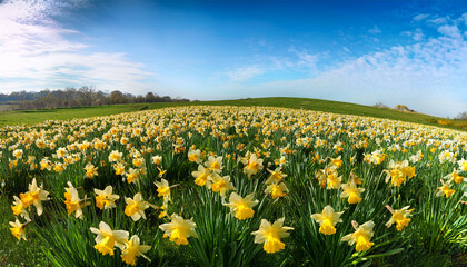 Obraz premium daffodils arranged in a random pattern amidst a lush green meadow pattern meadow blue sky