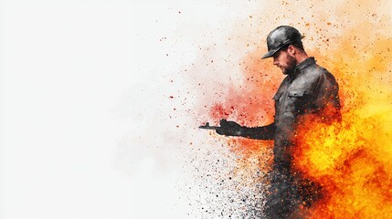 Powerful Man Silhouette with Fiery Orange and Black Particles Explosion