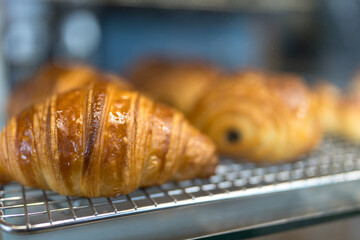Close up of fresh croissant in the rack. Food place array in buffet line