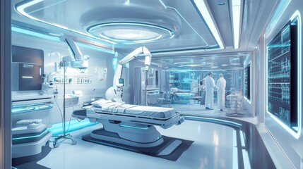 A futuristic medical facility with advanced equipment and healthcare professionals.