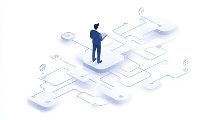 Businessman standing on platform, reviewing network connections.