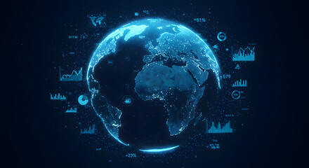 Fototapeta premium A close-up of a digital globe with floating financial indicators, economic trends, and predictive analytics visualized in neon blue