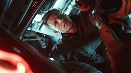 Auto mechanic under a car, using a wrench, cinematic angle, industrial service advertisement.