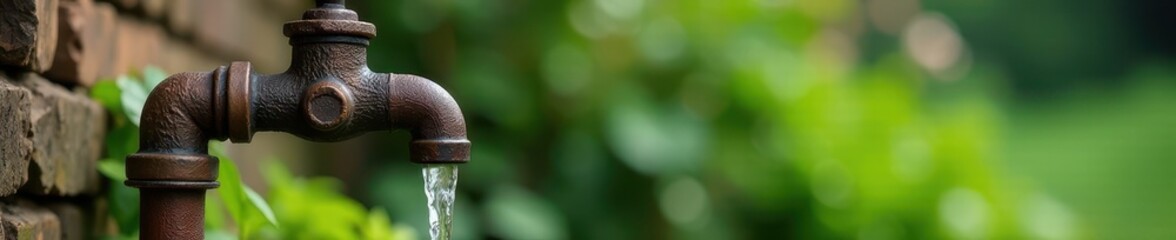 Rustic garden tap, weathered metal, flowing water, water feature, detail, pipe