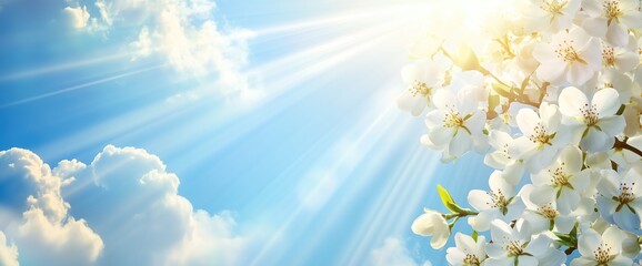 Fototapeta premium Spring background with a blooming tree branch and a blue sky with sun rays. 