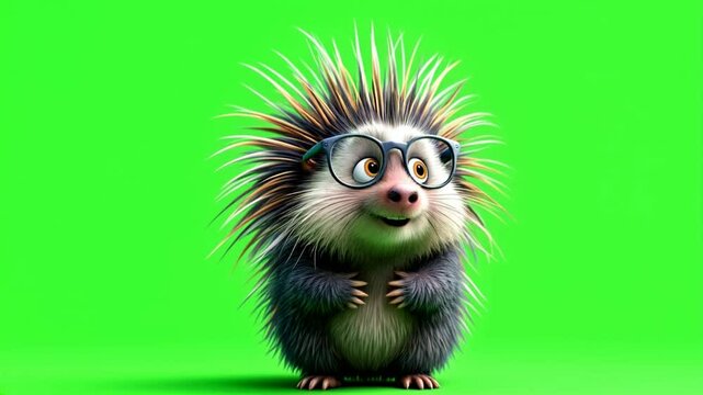 Cute cartoon hedgehog glasses green screen animation