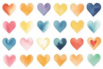 Set of multicolored watercolor-style hearts on a white background, artistic concept, romantic, creative, vibrant design