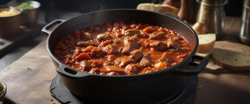 Hearty cili con carne in a rich tomato sauce simmering in a large cast iron pot, meat, comforting